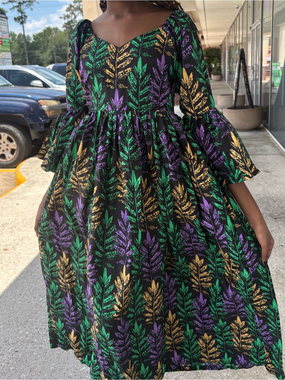 African clothing for Women' Maxi Dress  black Green, Purple & Gold Leaf Print